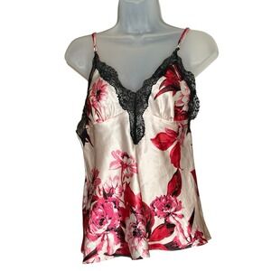 Lilac London Floral Satin Cami Small Pink Lace Trim Top Romantic 90's Y2K Style
